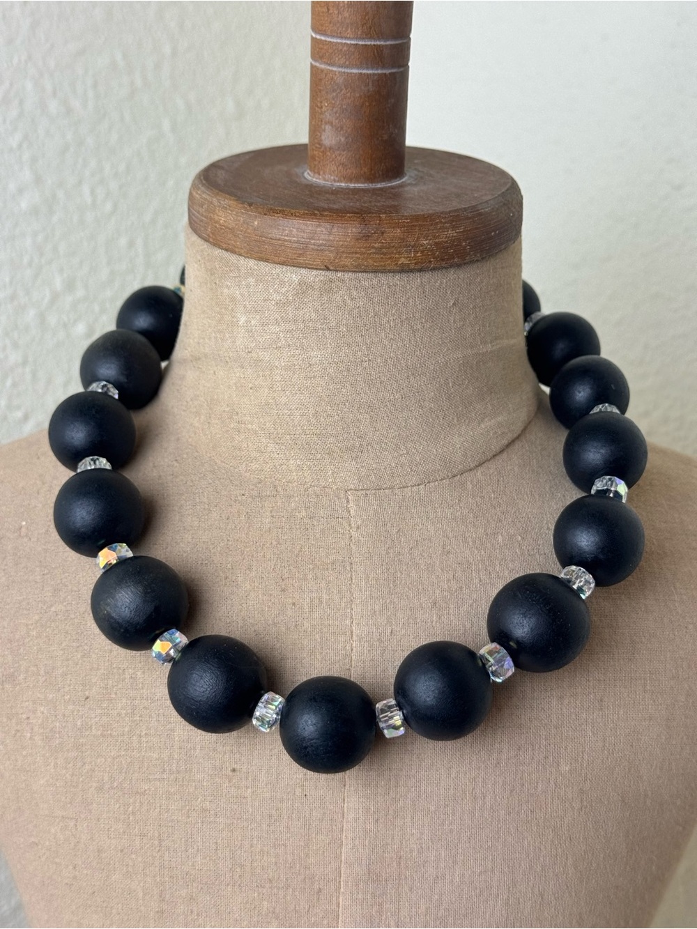 Handmade Black Wood and Crystal Beaded Necklace Silver Plated Clasp